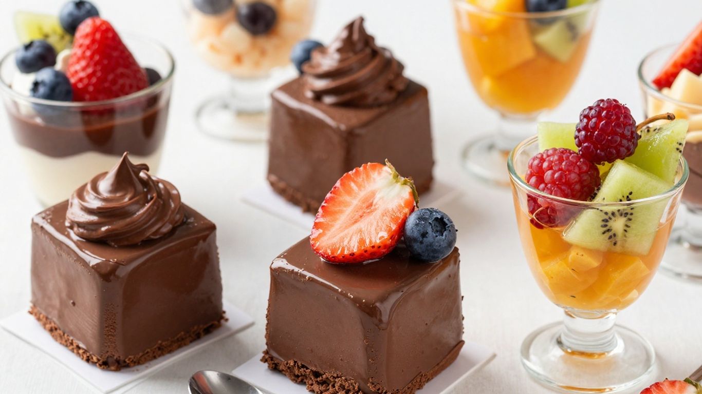 Assortment of protein-rich puddings, mousses, and fruit desserts.