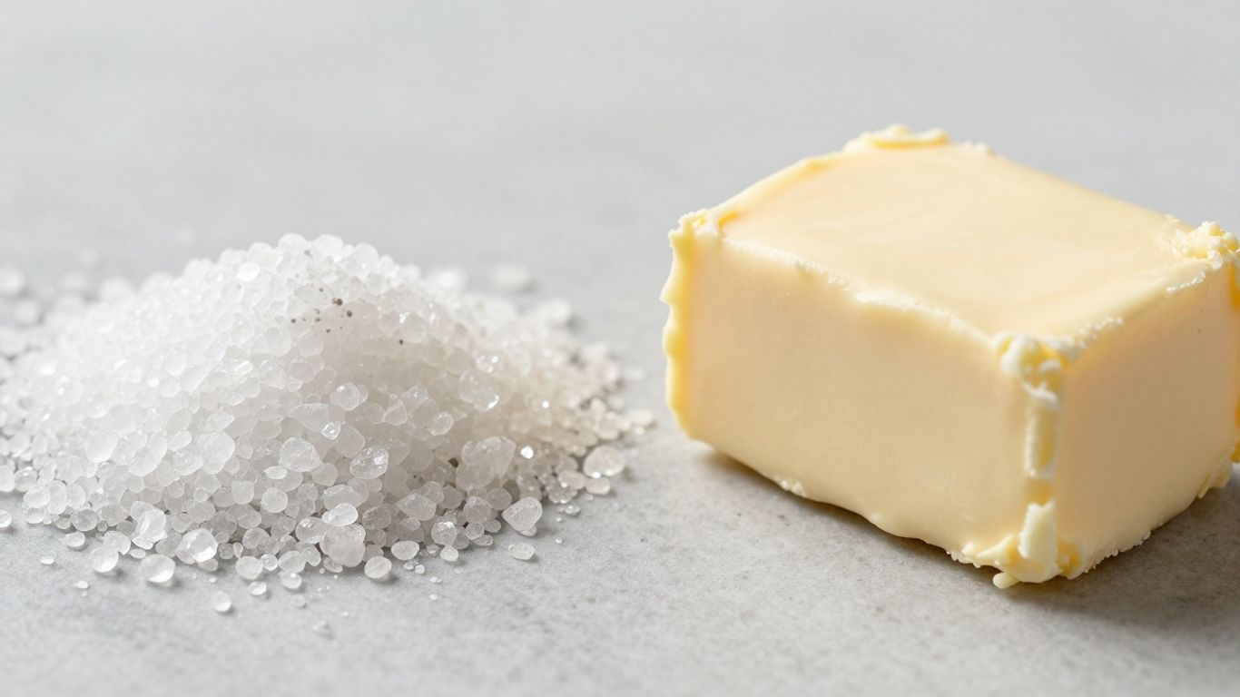 Salt and butter on a kitchen counter.