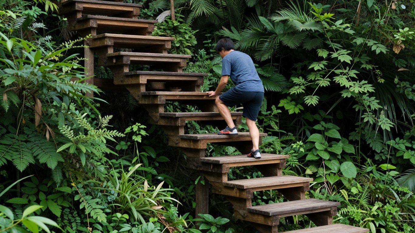 Person climbing a ladder of stacked wooden platforms.