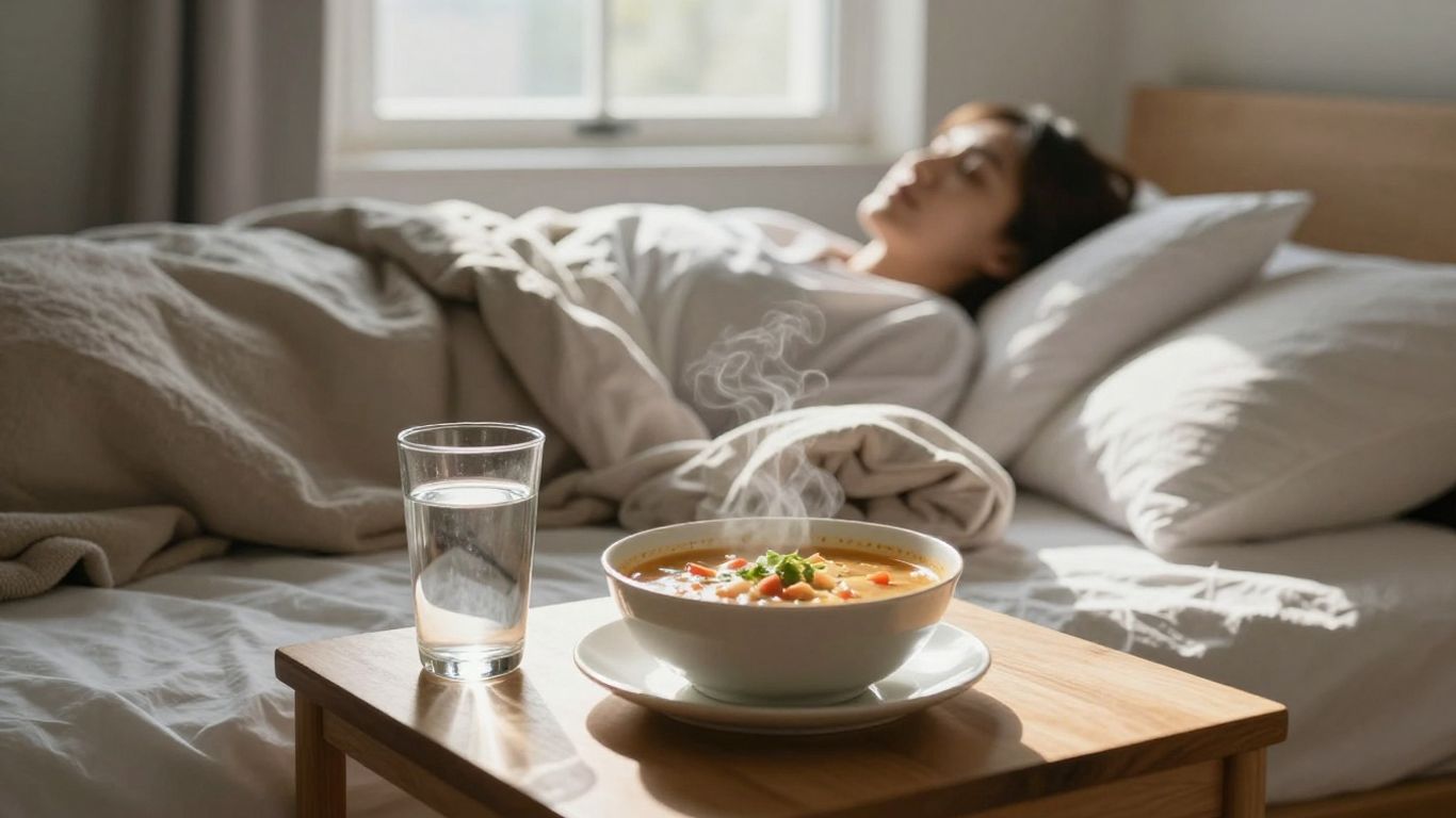 Person resting in bed with soup and water nearby.