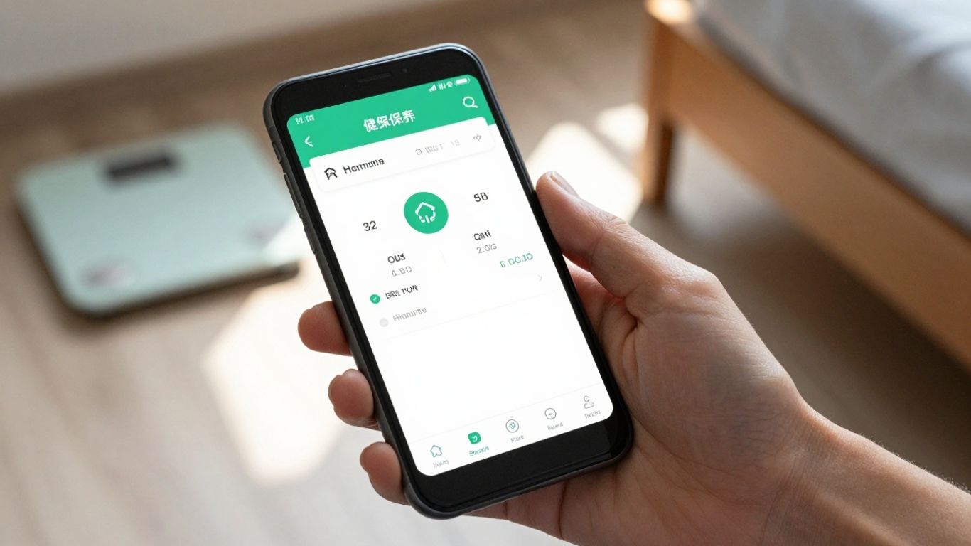 Smartphone displaying health data next to a scale and bed.