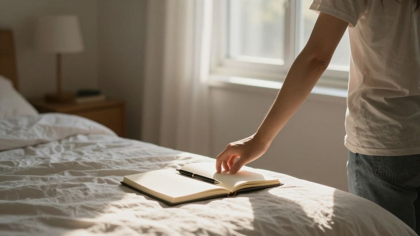 Person stretching in morning light, notebook nearby.