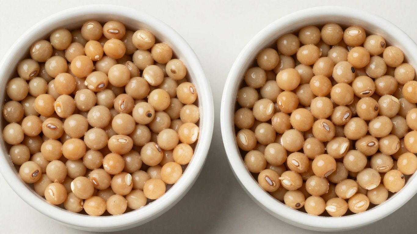 Dried beans in bowls, one soaked, one quick-soaked.