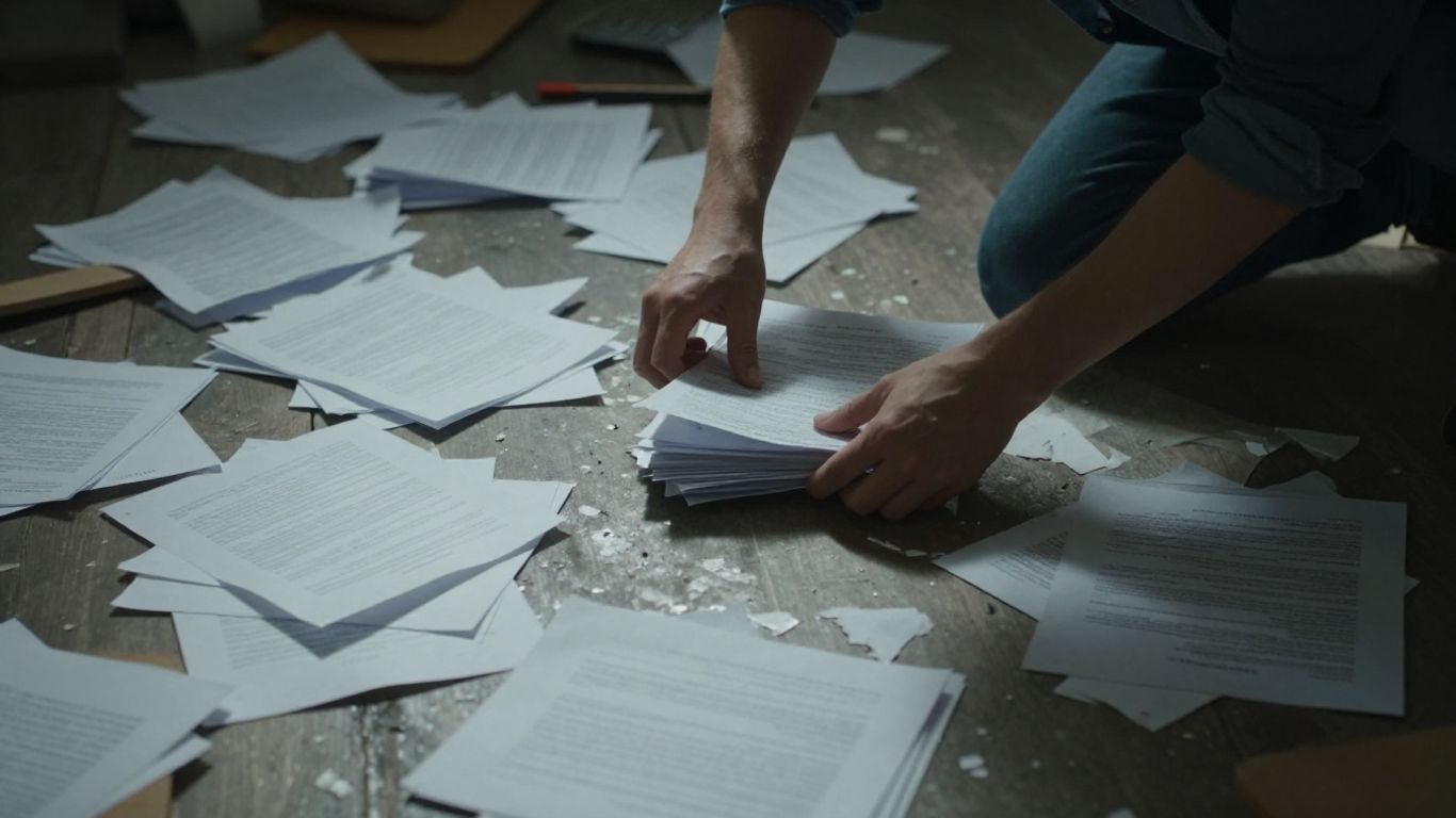 Person calmly organizing papers amidst chaos.