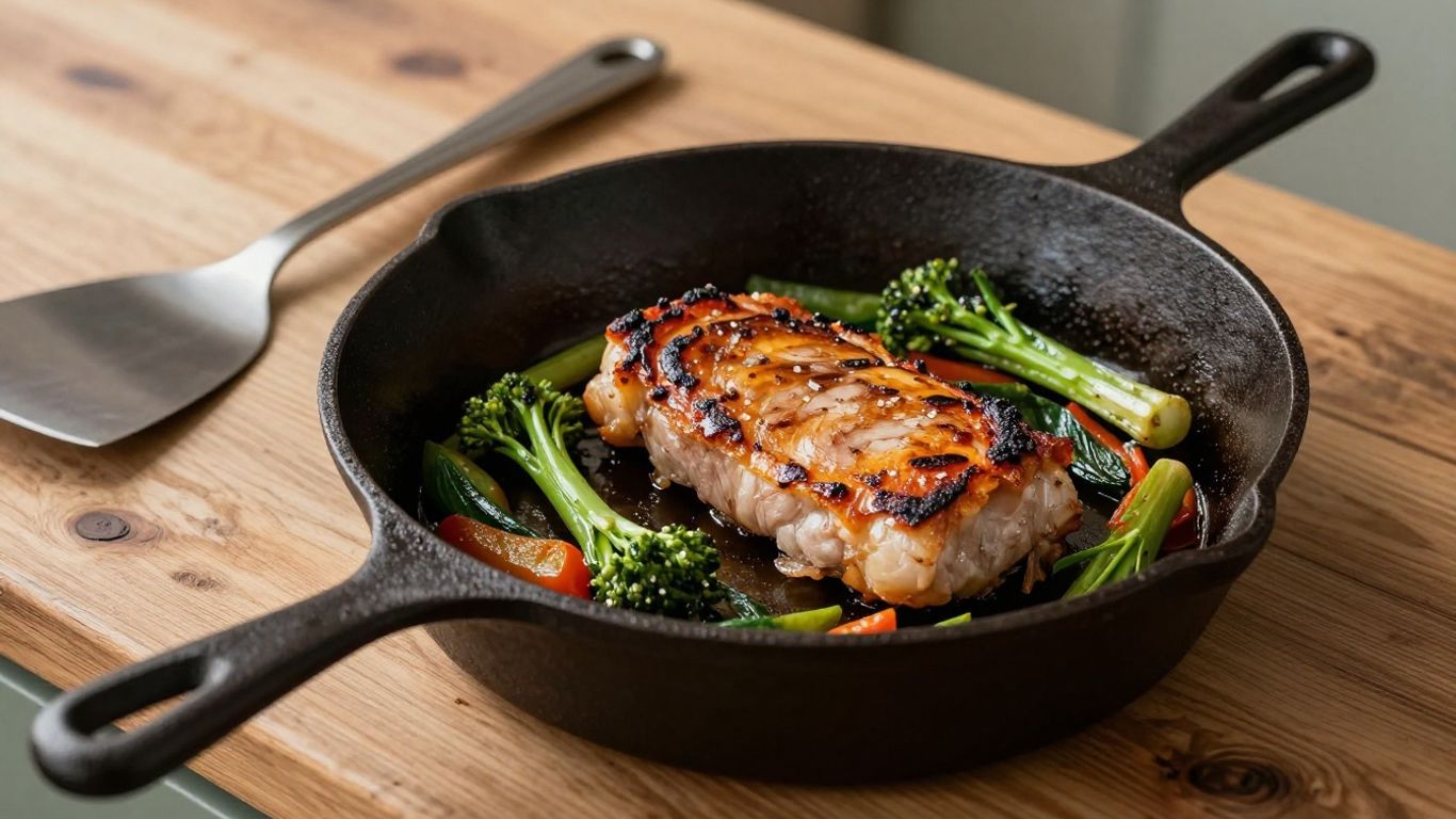 Cast-iron skillet with cooked food on wooden countertop