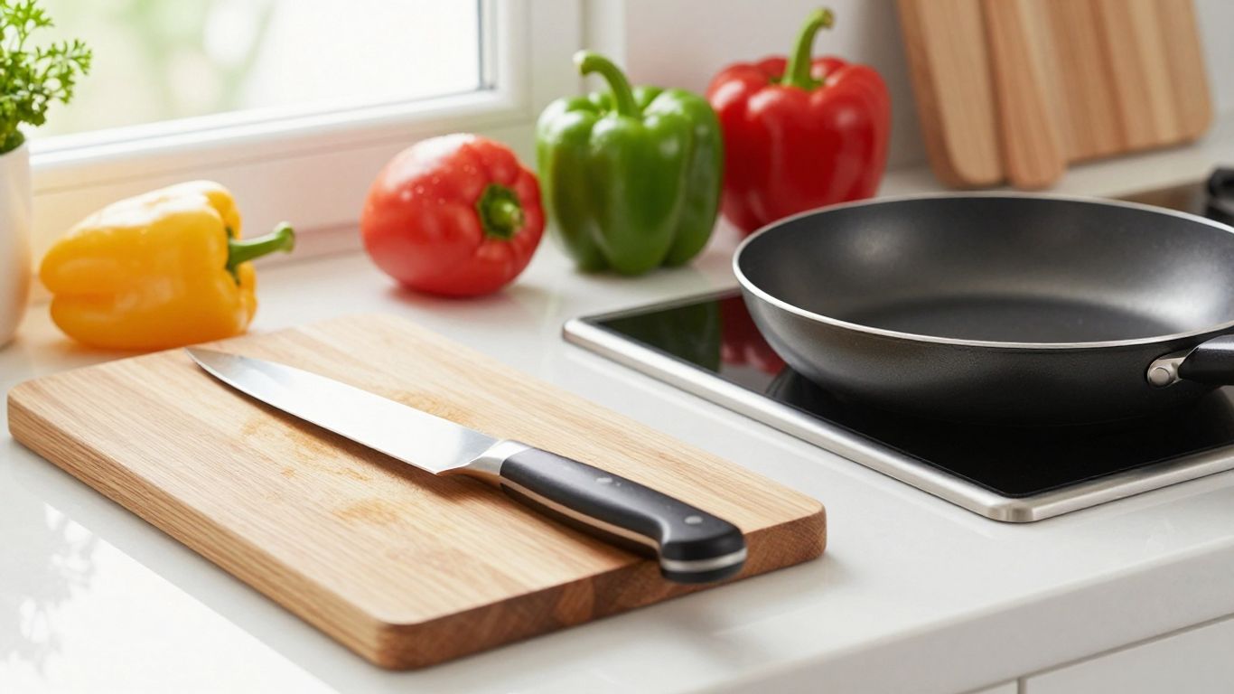 Knife, cutting board, pan, and vegetables on kitchen counter