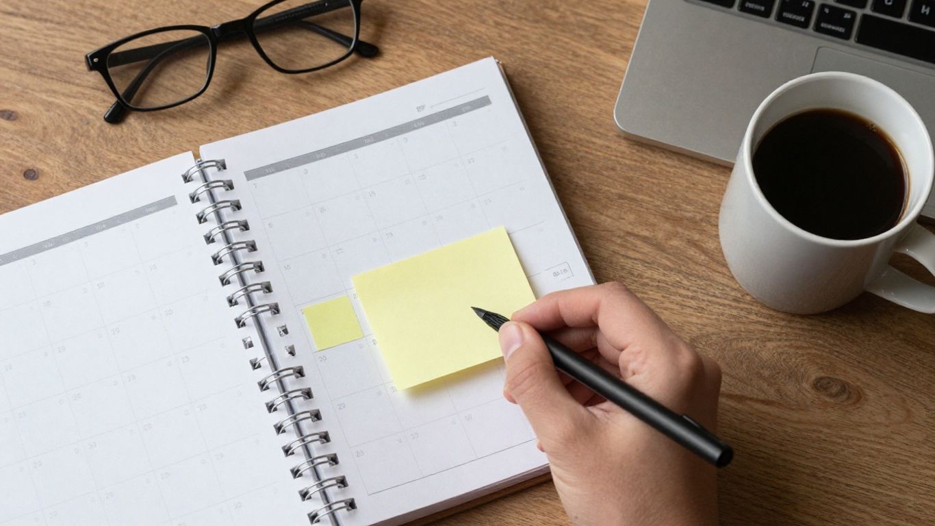 Calendar pages showing weekly, monthly, and quarterly views.