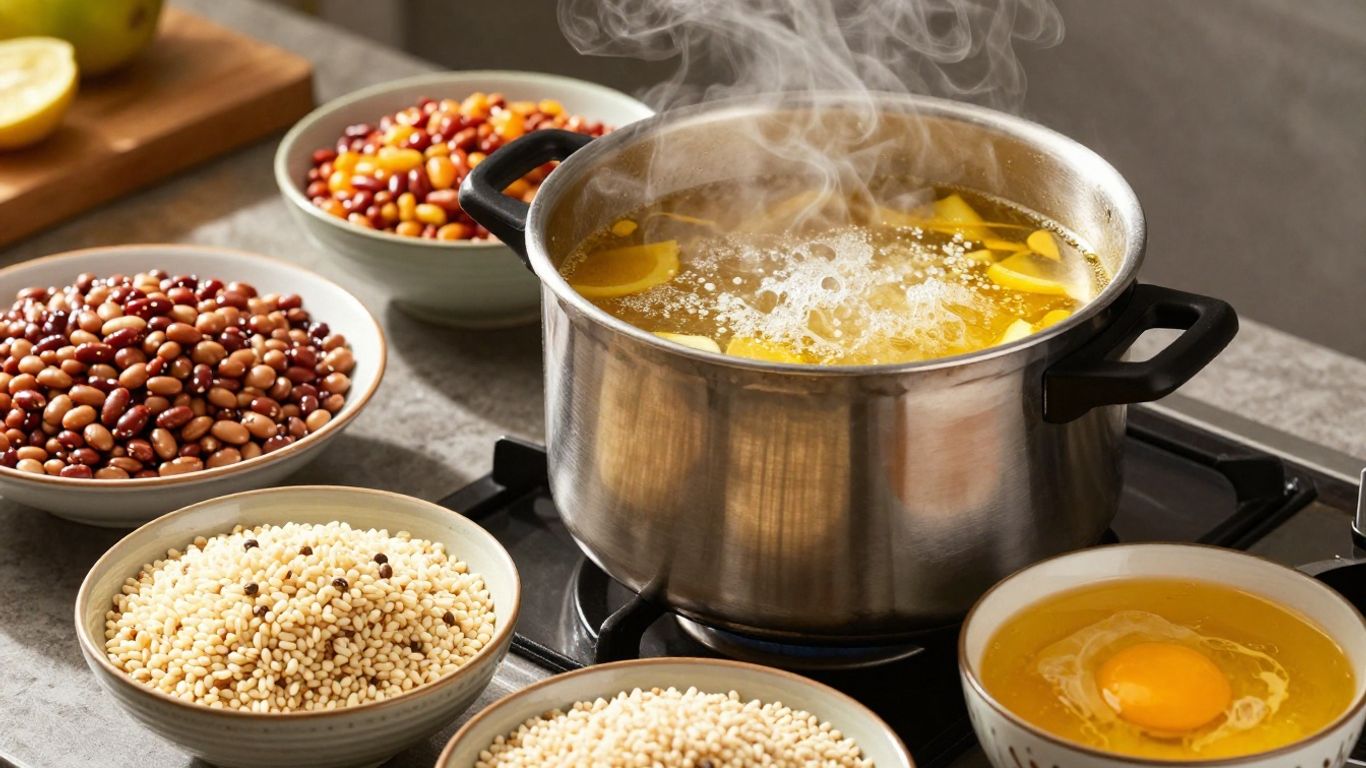 Pressure cooker with beans, grains, and broth.