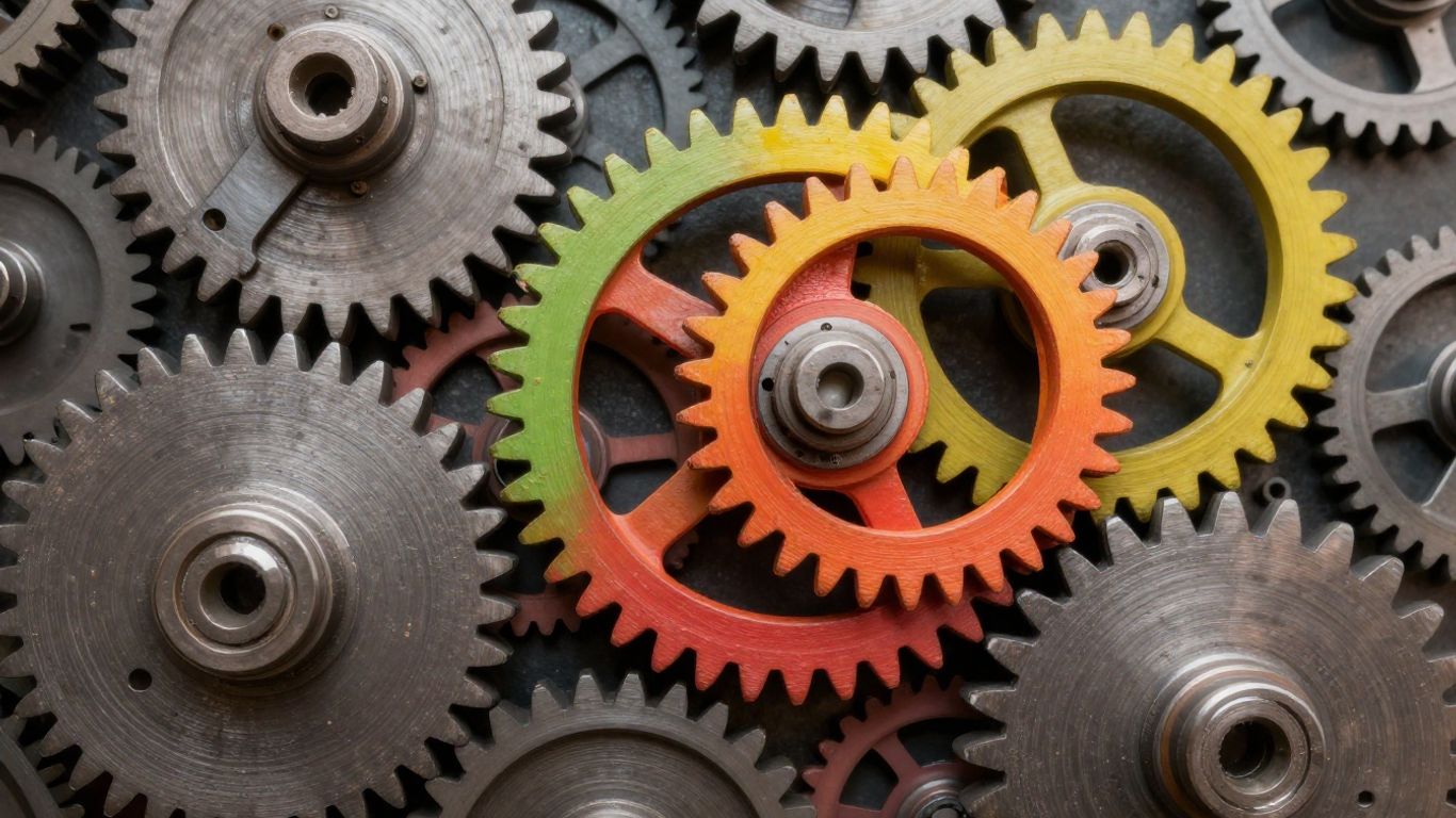 Interlocking gears, some bright, some dull, suggesting incentive design.