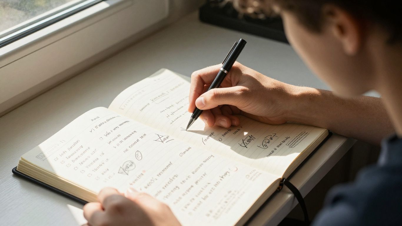 Person reviewing notes in a notebook about habits.