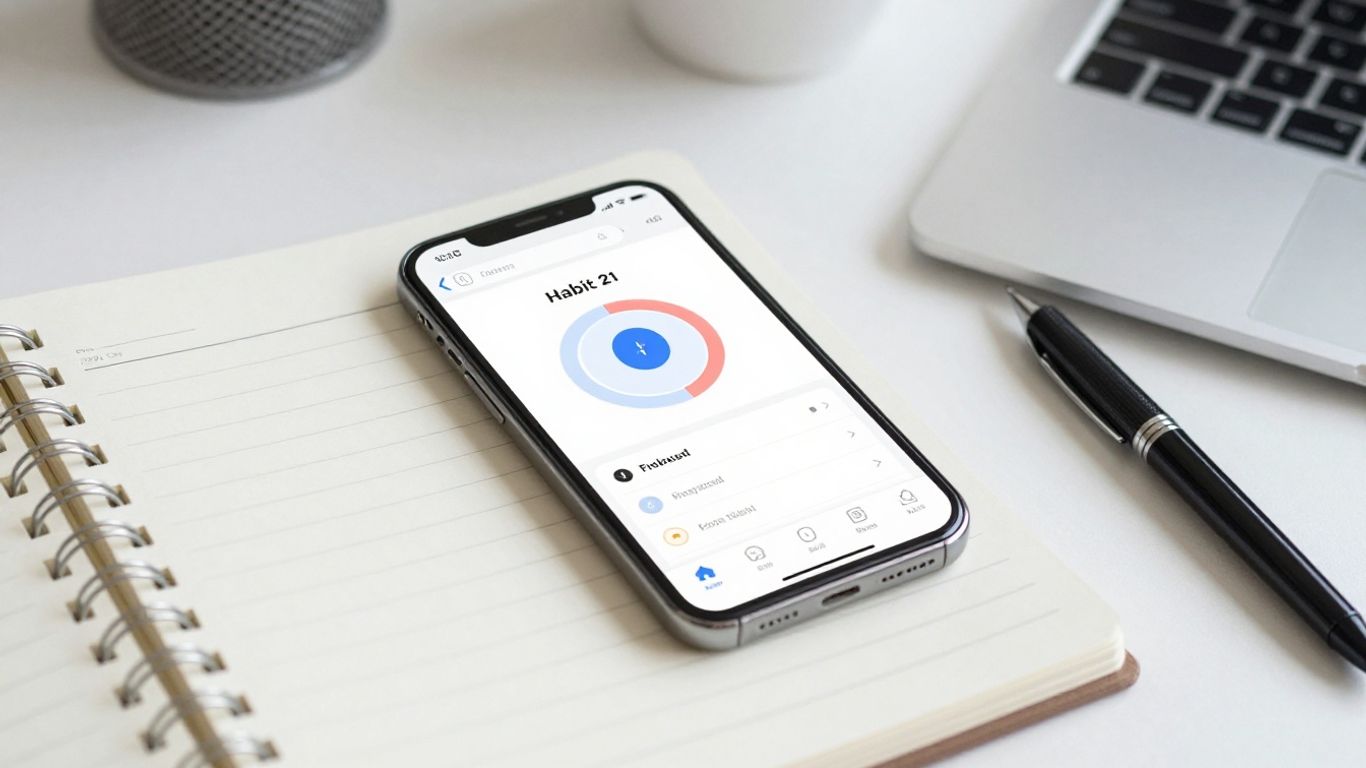 Smartphone habit app setup on a desk.