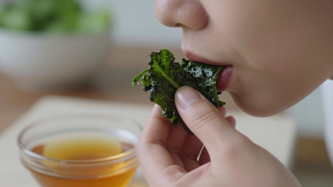 Person tasting bitter greens with sweet sauce nearby.