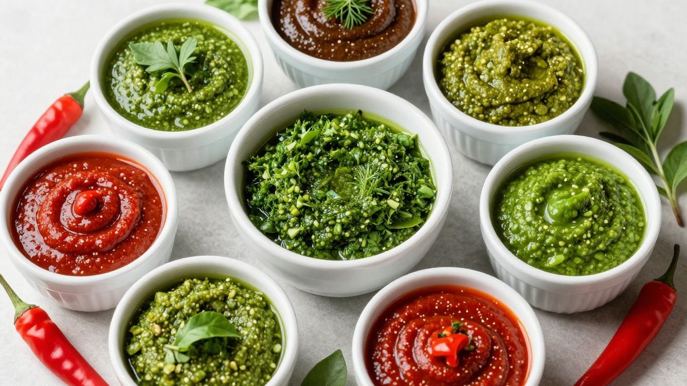 Assortment of fresh herb sauces: chimichurri, zhug, and pesto.