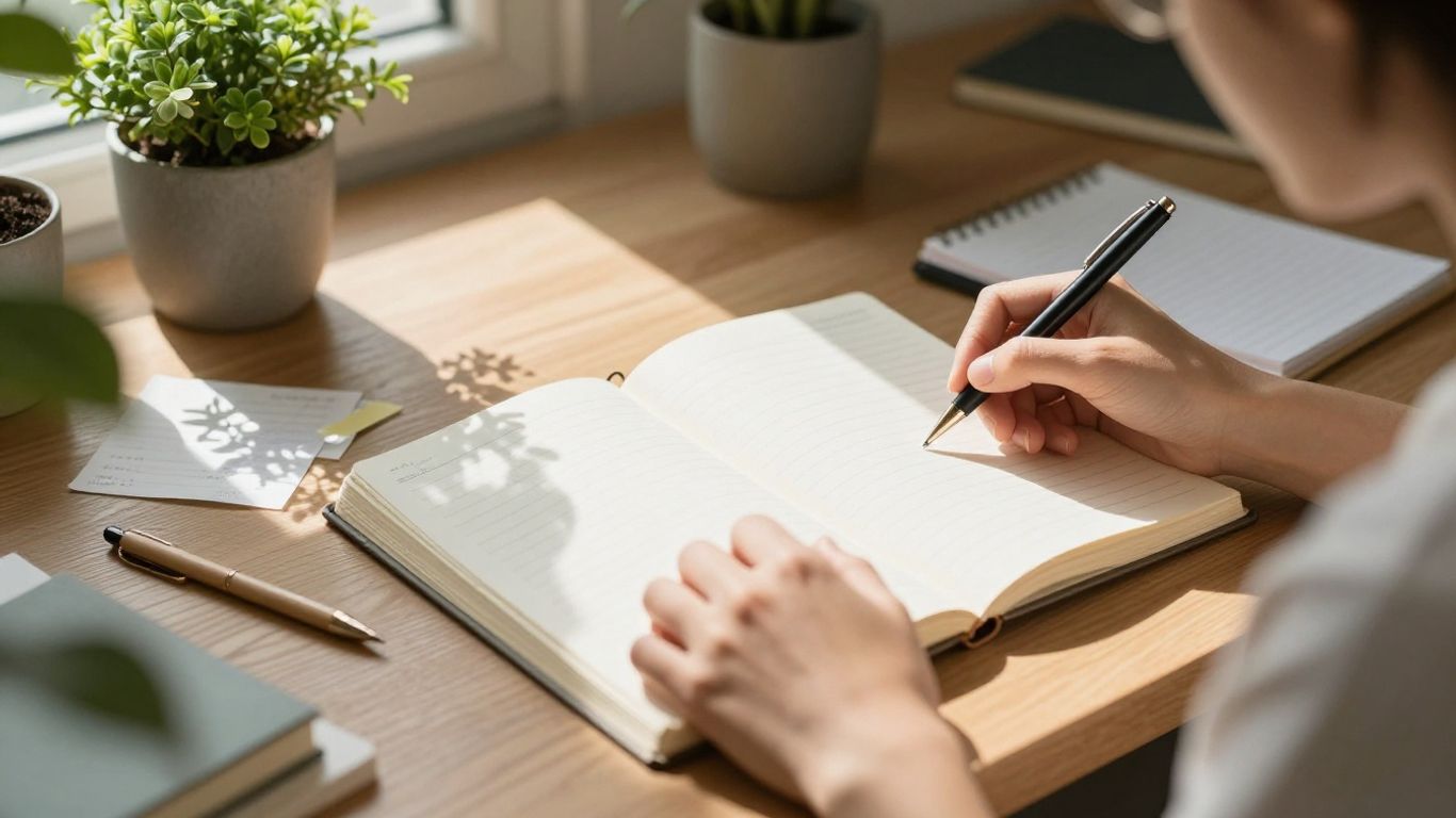 Person reflecting in a journal with sunlight.