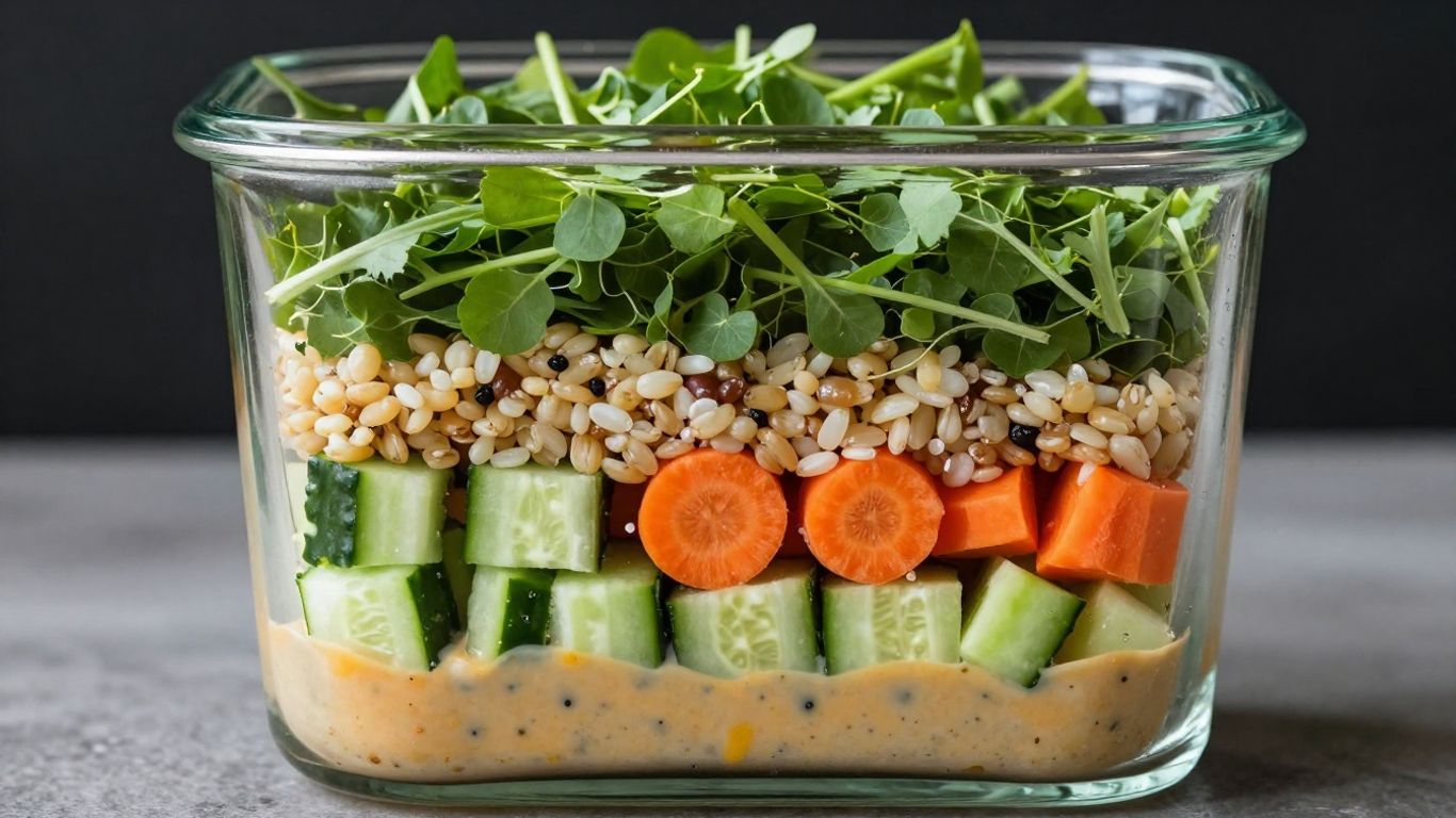 Salad jar with distinct, non-soggy layers of fresh ingredients.