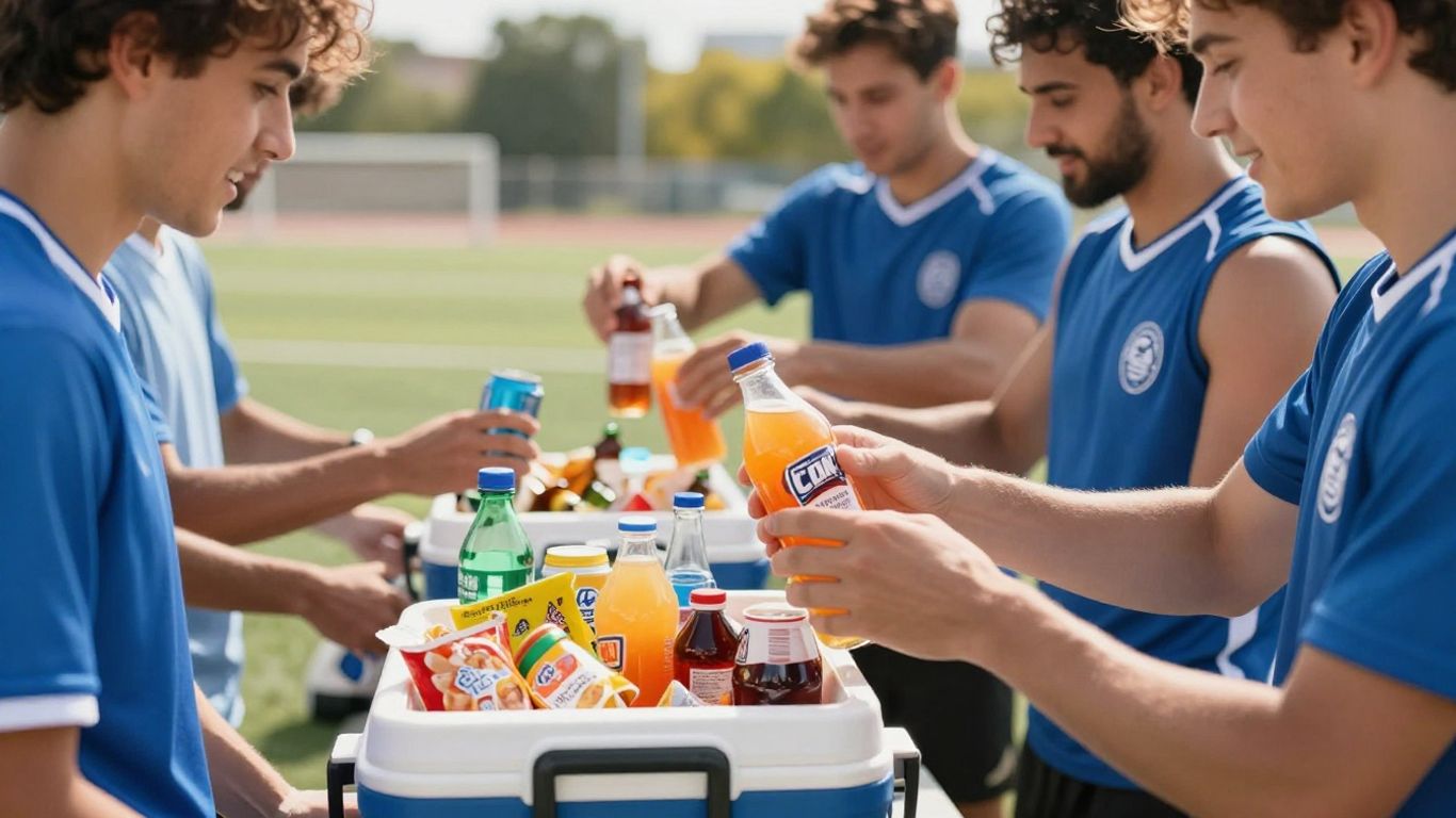 Sports team cooler filled with drinks and snacks.