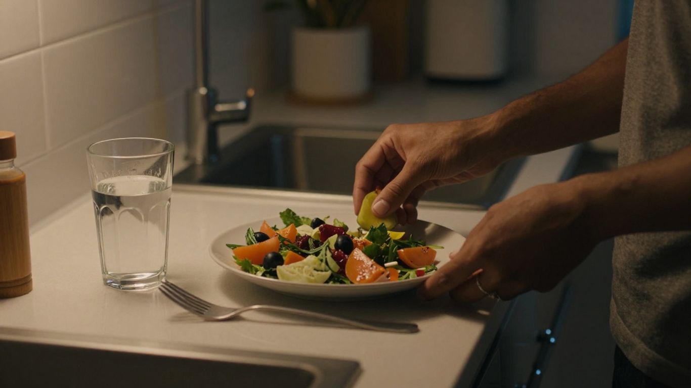 Person eating healthy food late at night.