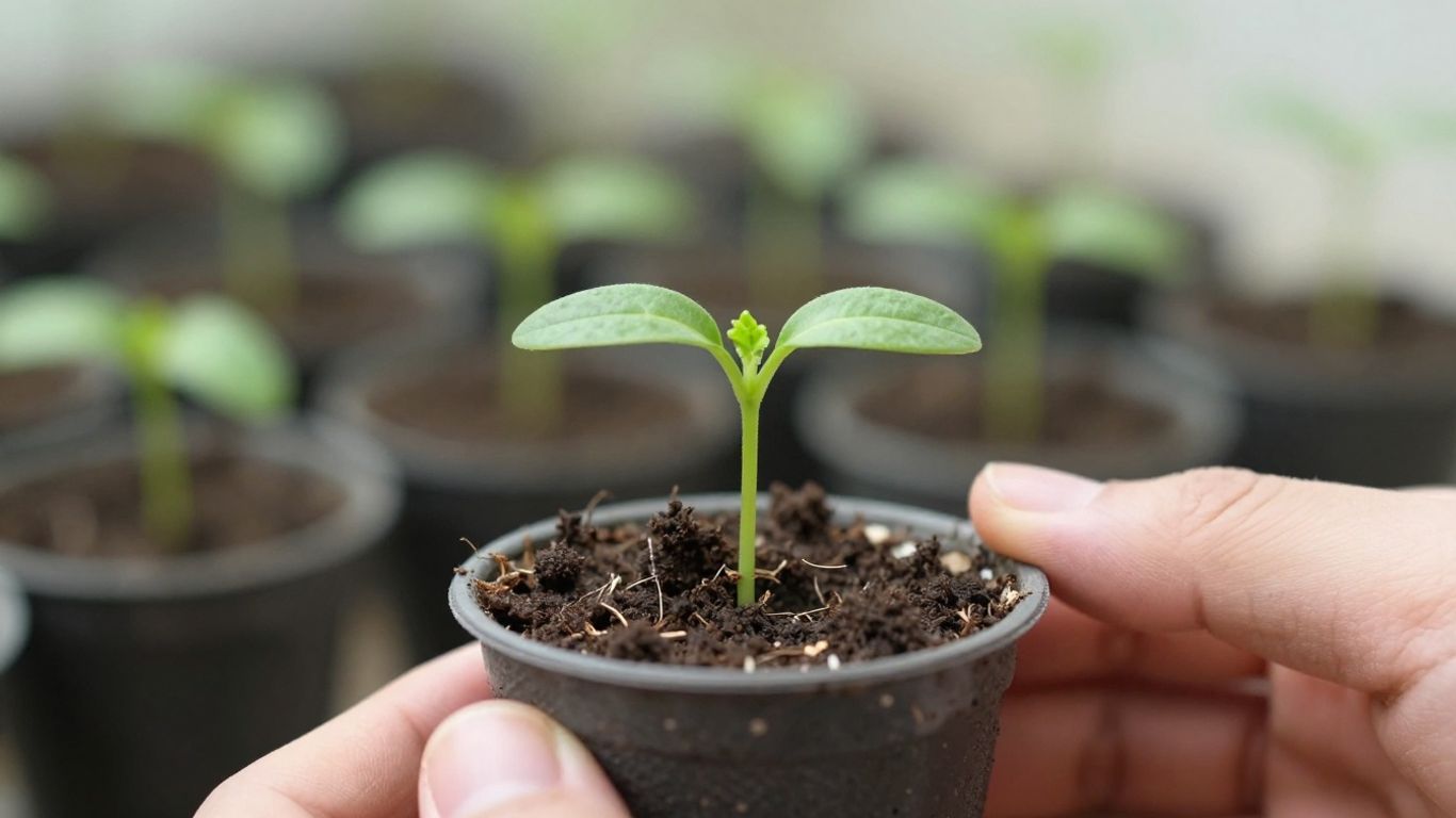 Small plant being carefully planted in a tiny pot.