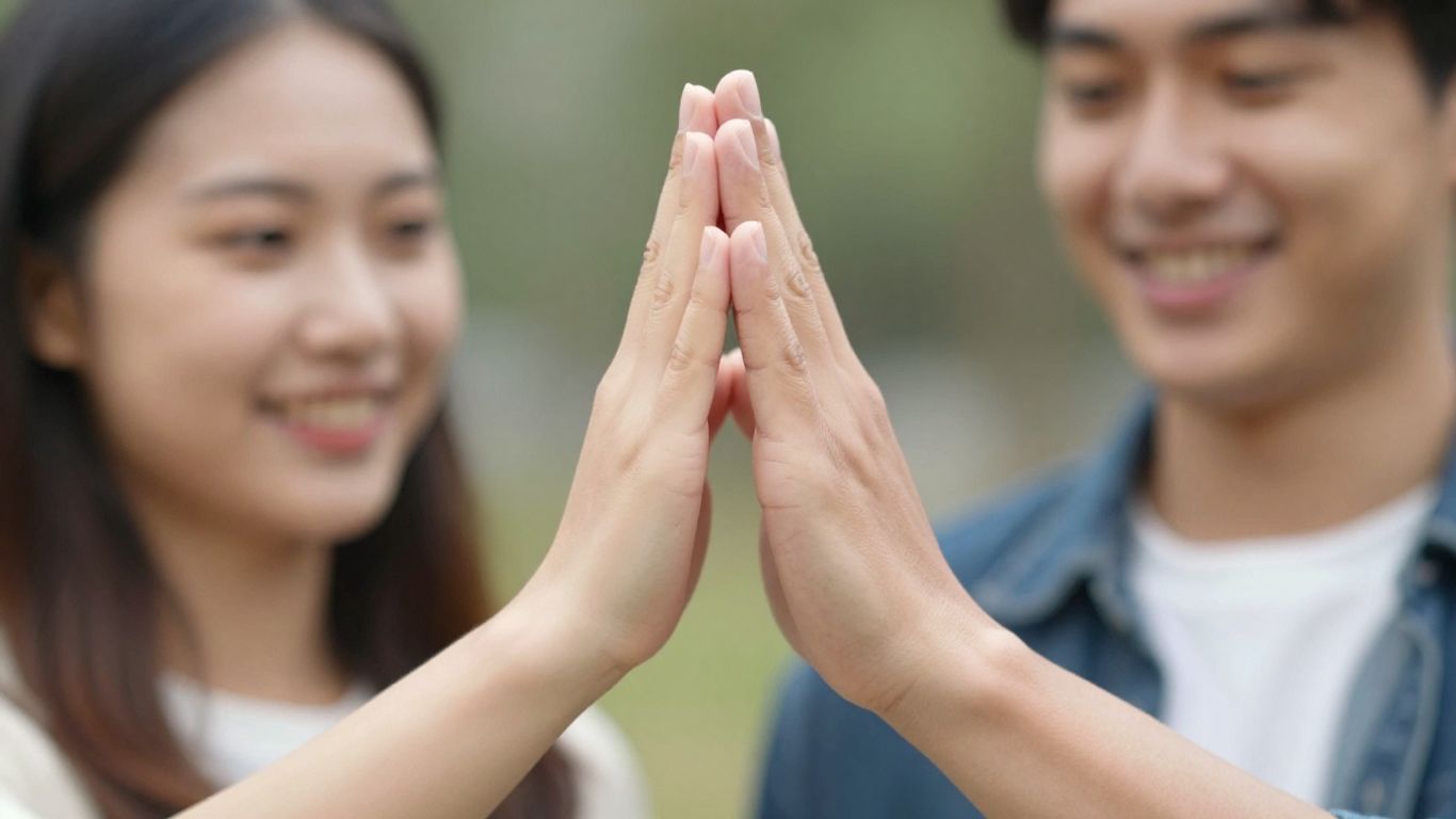 Two friends high-fiving, smiling warmly at each other.