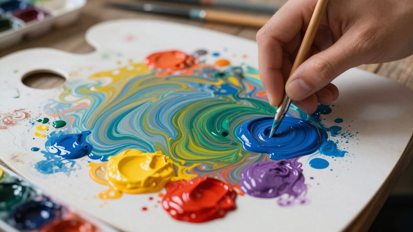 Colorful paints being mixed on an artist's palette.