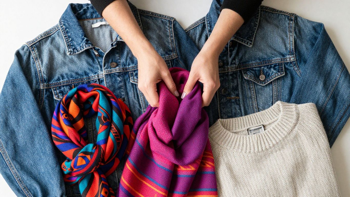 Hands arranging a variety of colorful clothing items.
