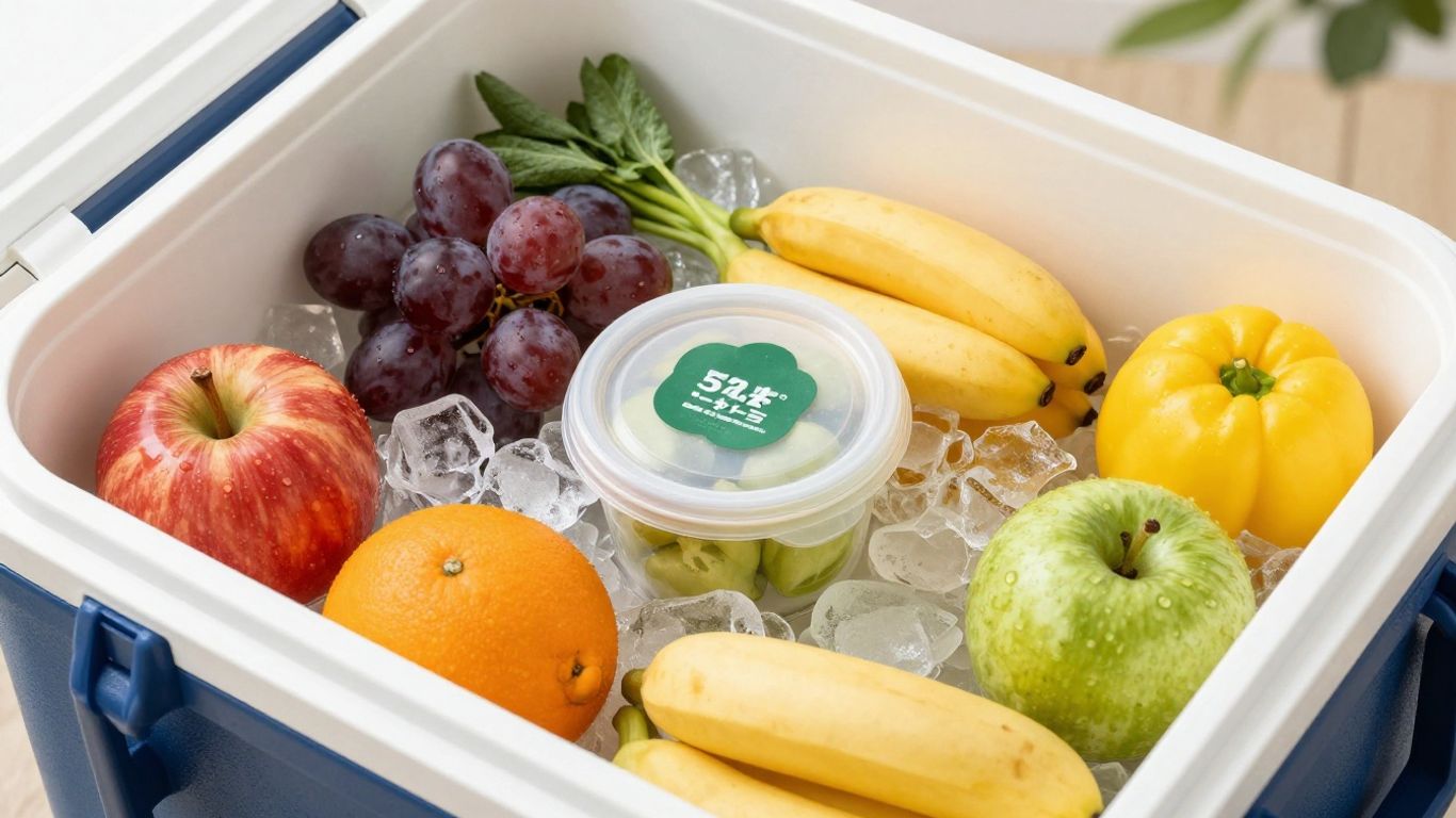 Cooler packed with fresh food and ice packs.