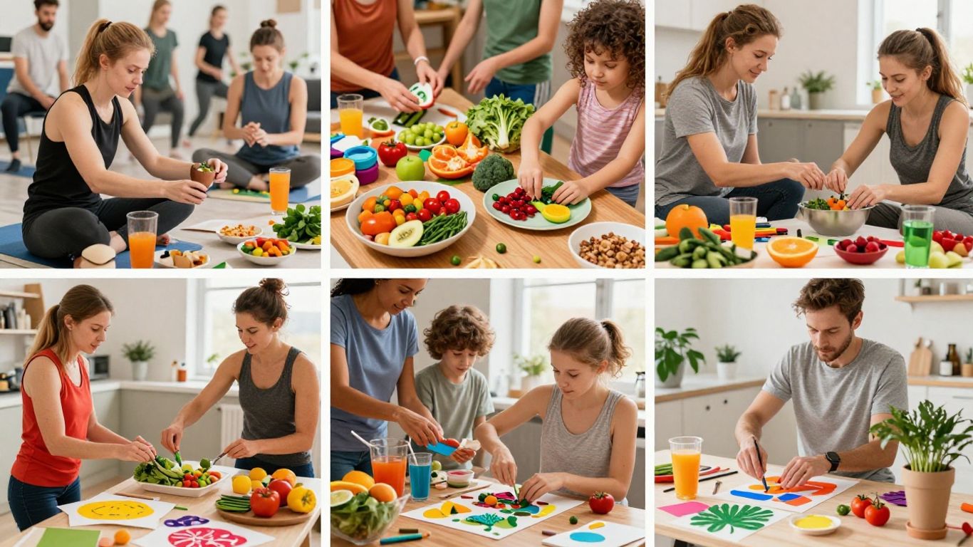 Collage of exercise, food, and crafts for theme days.