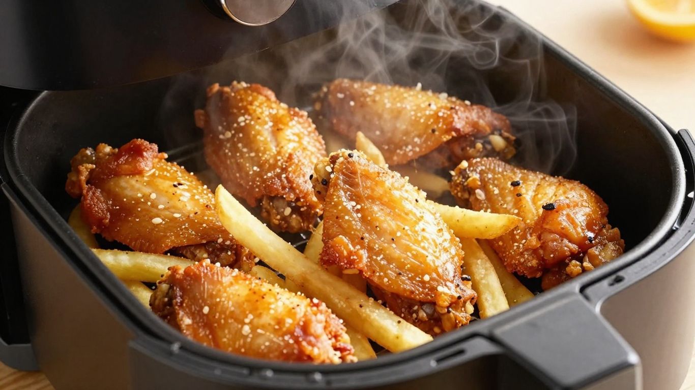 Crispy air fryer chicken wings and fries
