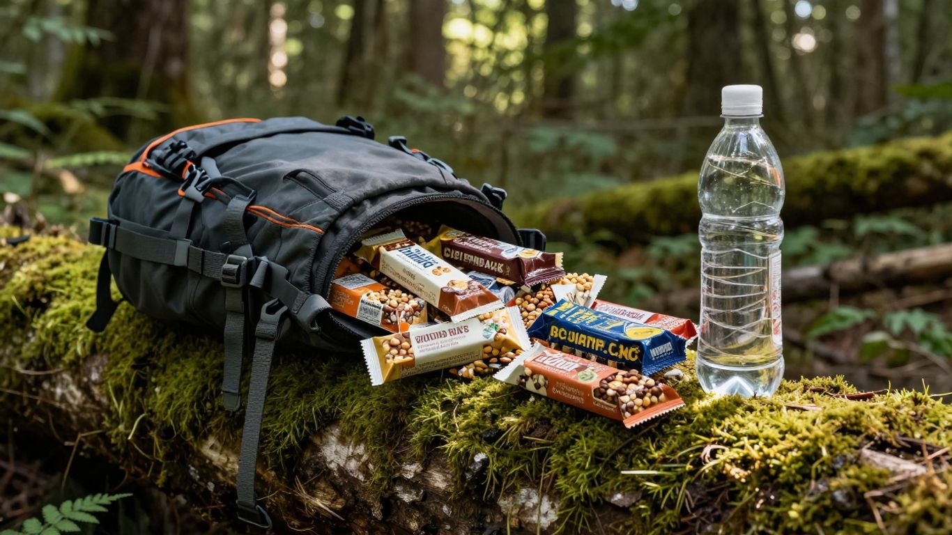 Hiker's backpack with food and water on a log.