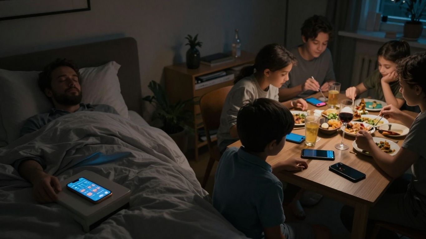 Person sleeping, family eating, phones out of sight.