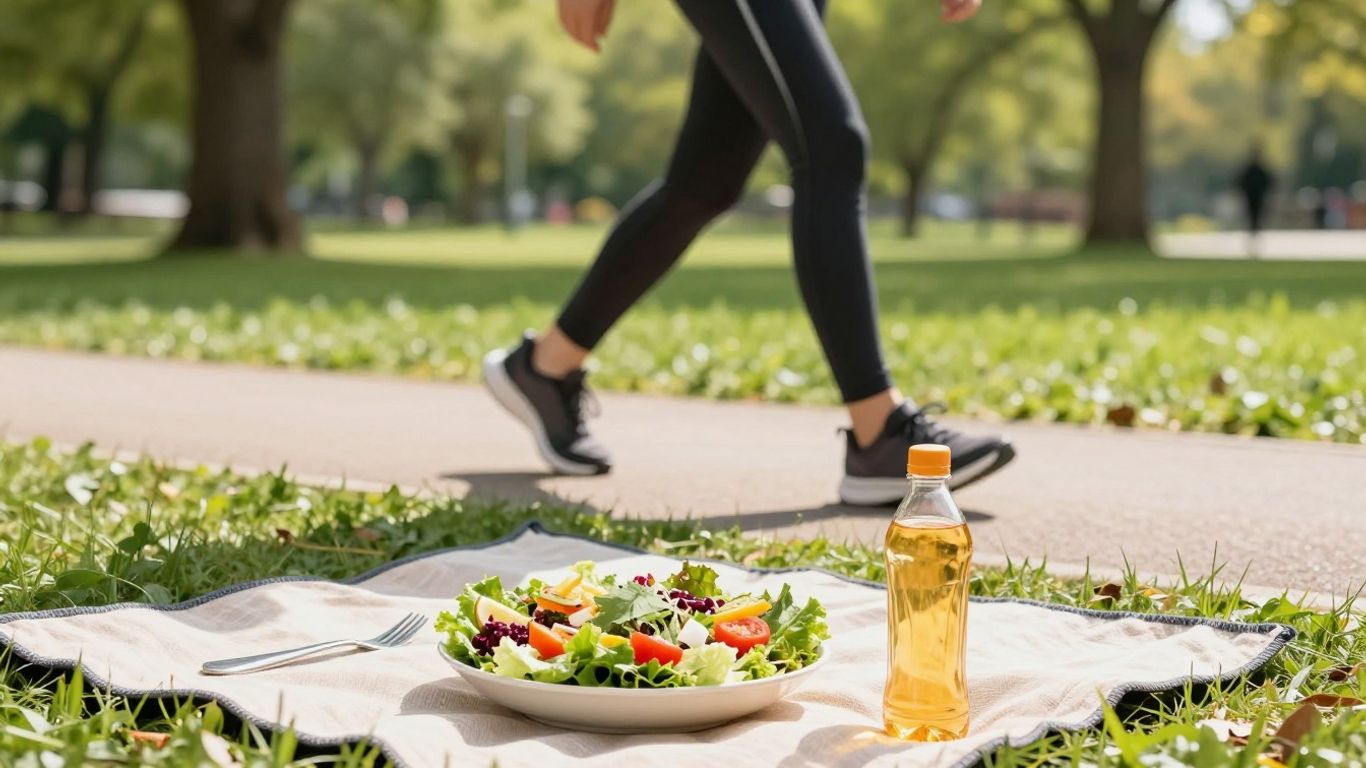 Person walking in park with healthy food nearby.
