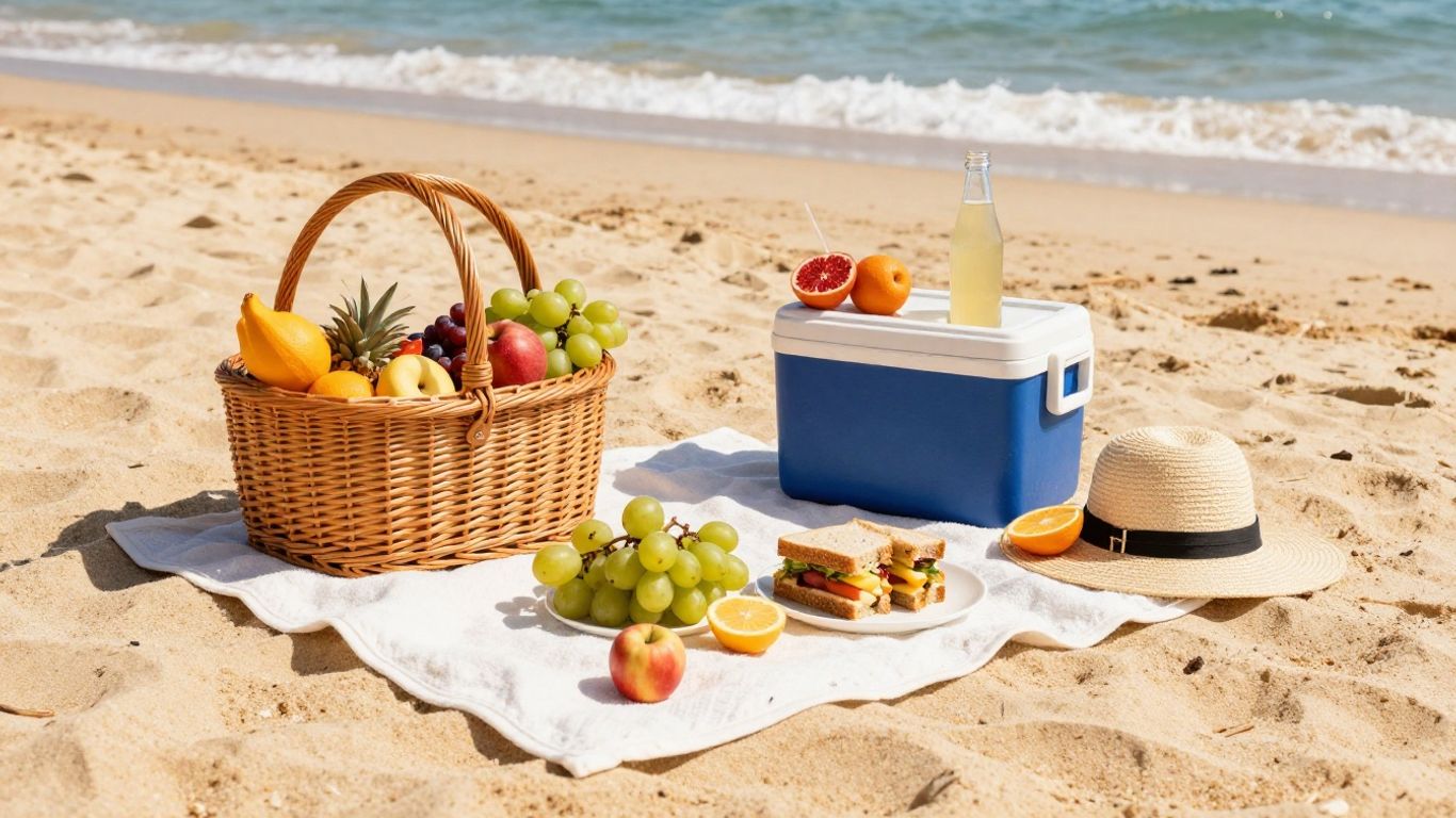 Picnic basket and cooler on a sunny beach.
