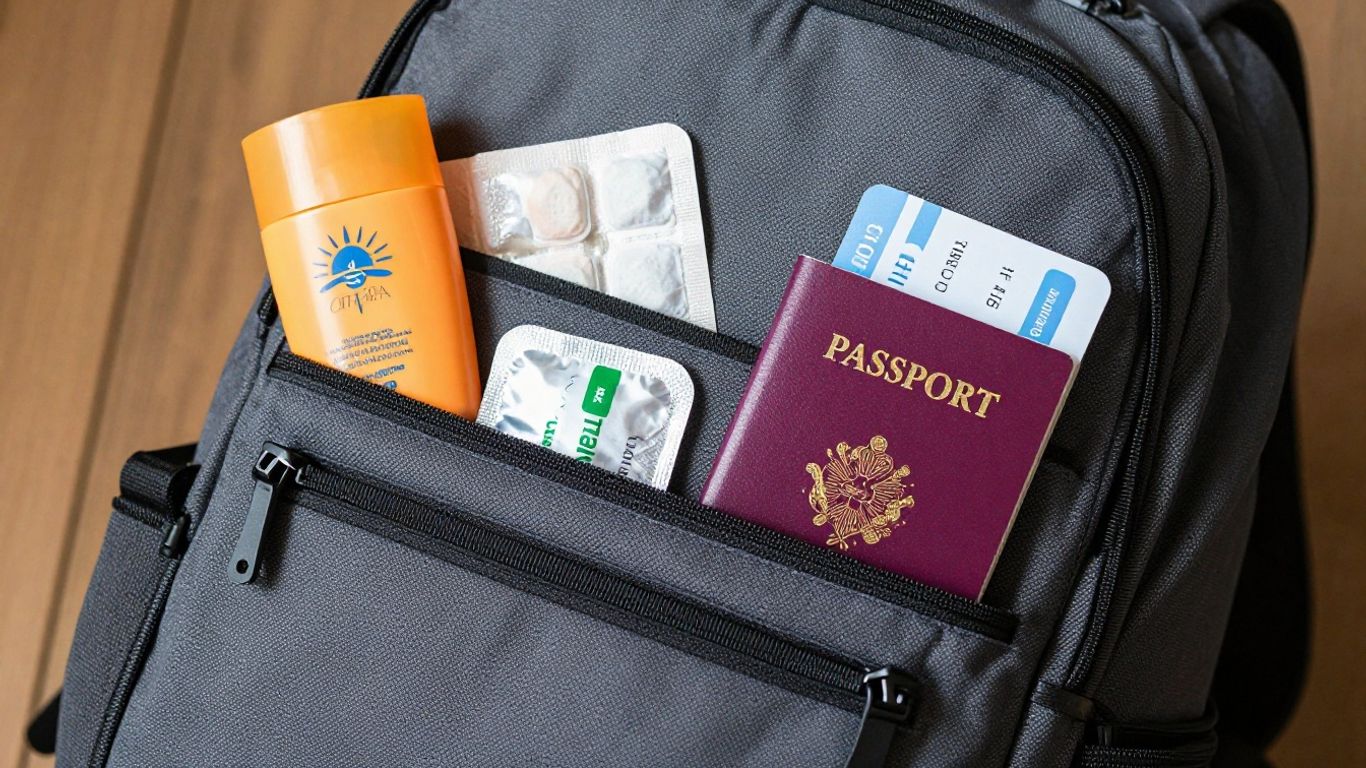 Travel health checklist items packed in a backpack.