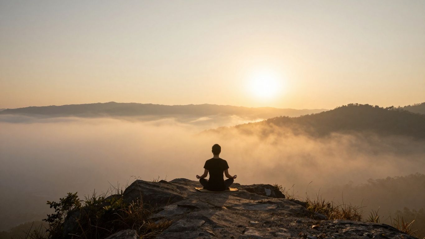 Person meditating on a mountaintop at sunrise.