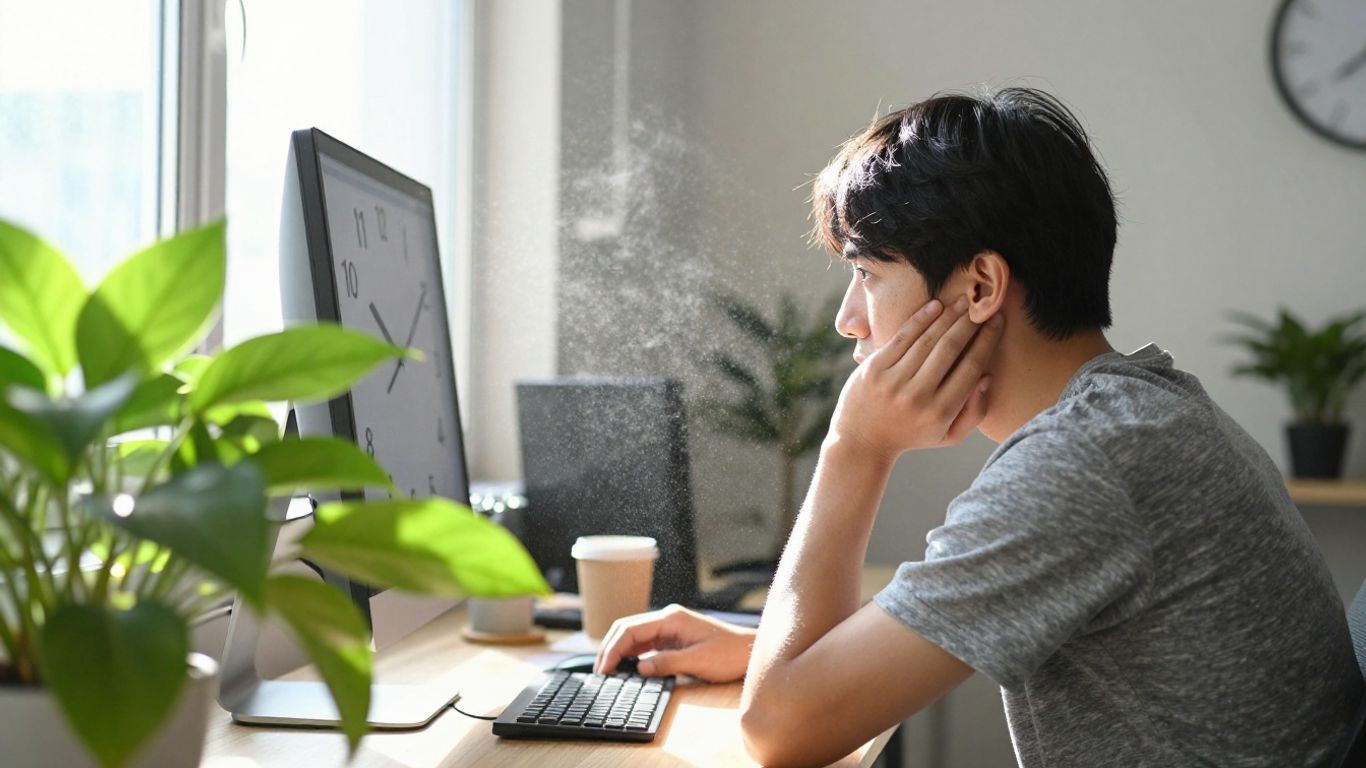 Person at desk with clock and plant, sunlight streaming in.