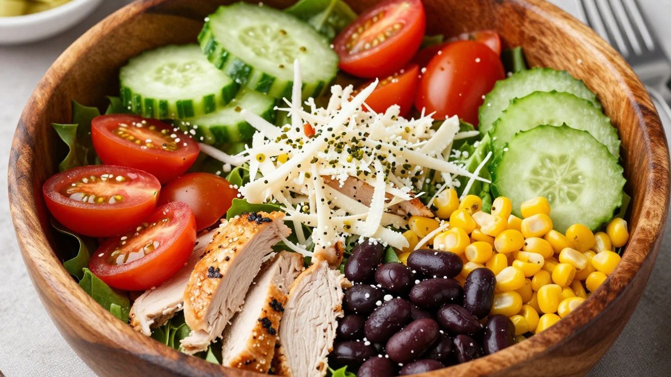 Hearty salad bowl with chicken, vegetables, and beans.