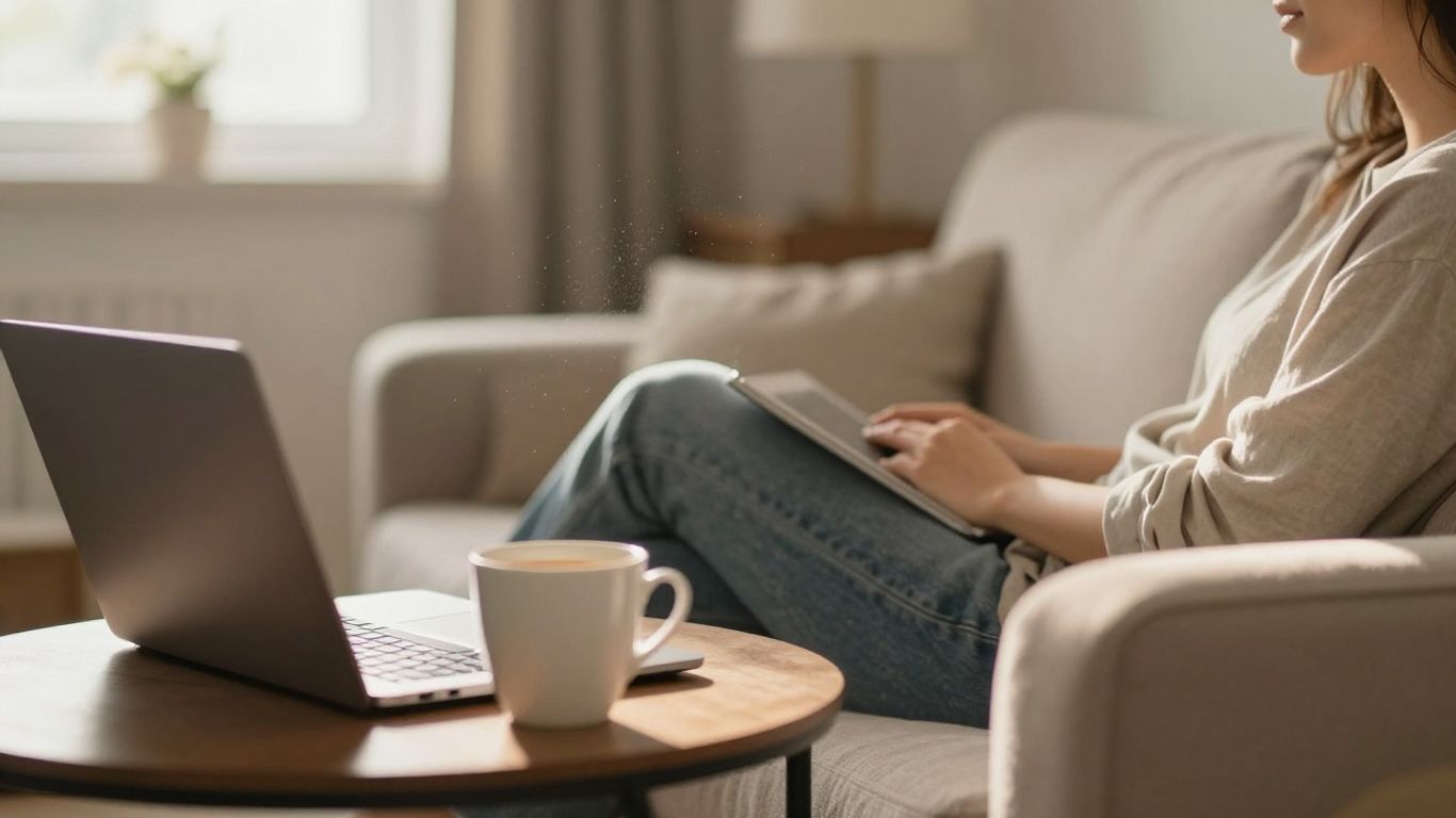 Person relaxing with laptop and coffee on a weekend.