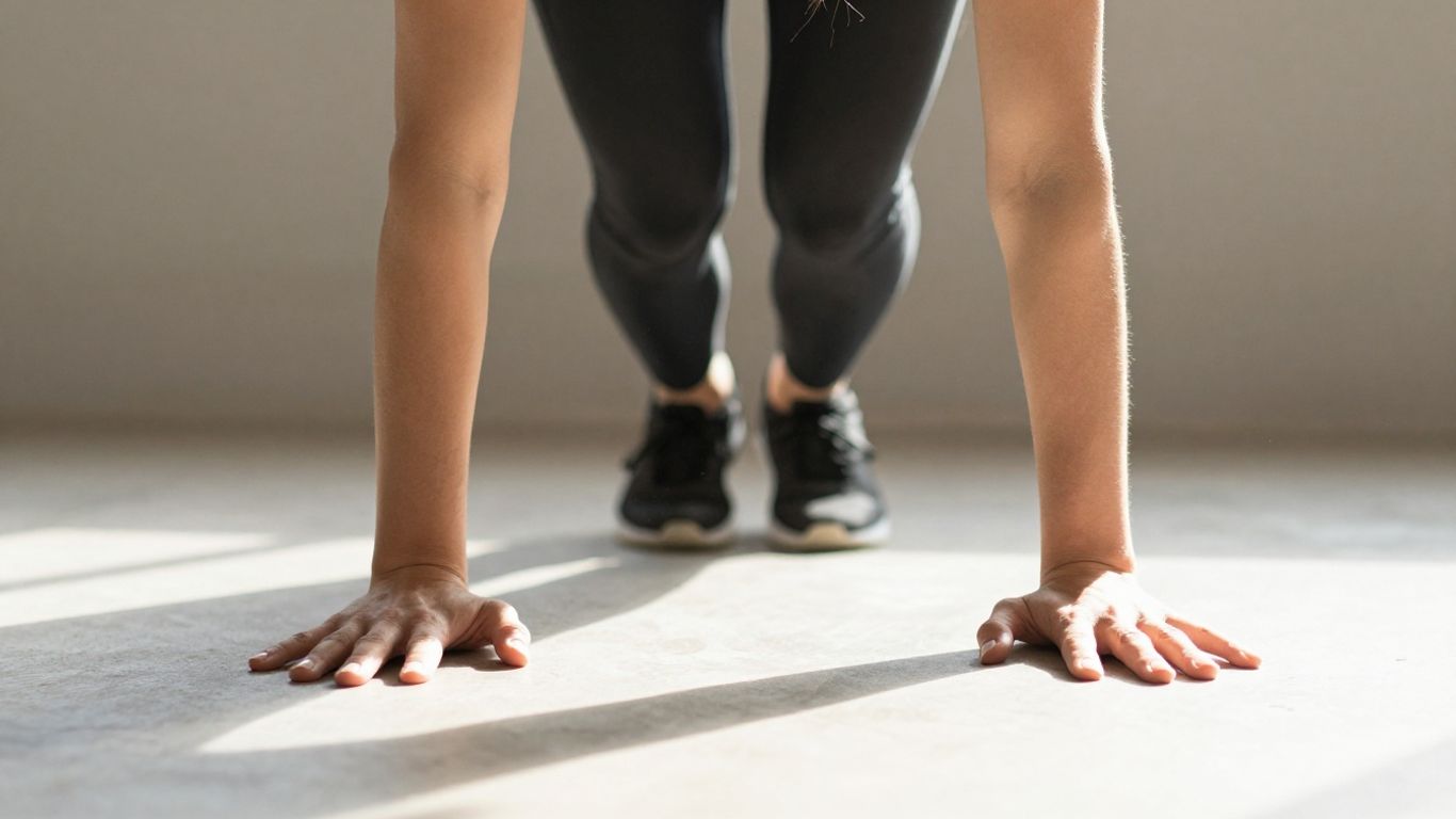 Person doing a push-up in a sunlit room.
