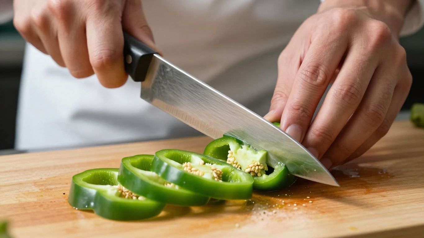 Chef's hands slicing a bell pepper with a knife.