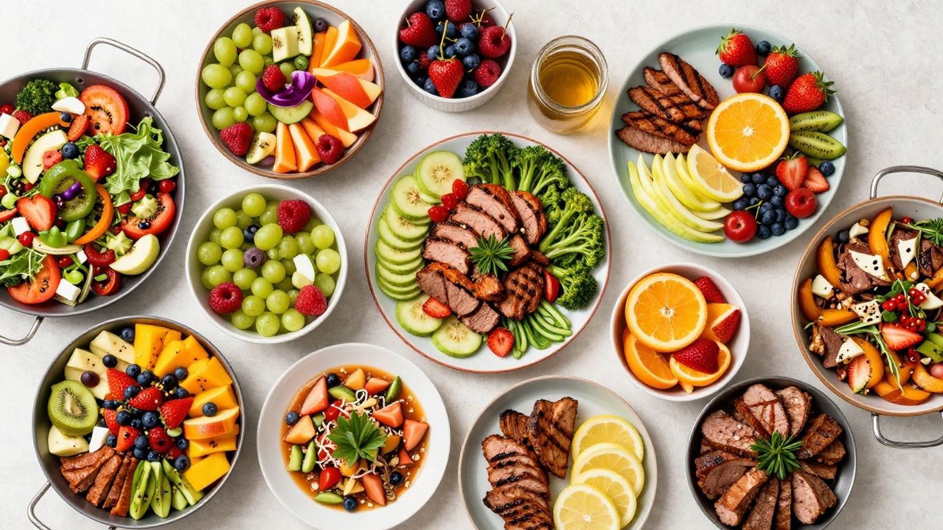 Healthy and delicious potluck dishes arranged on a table.