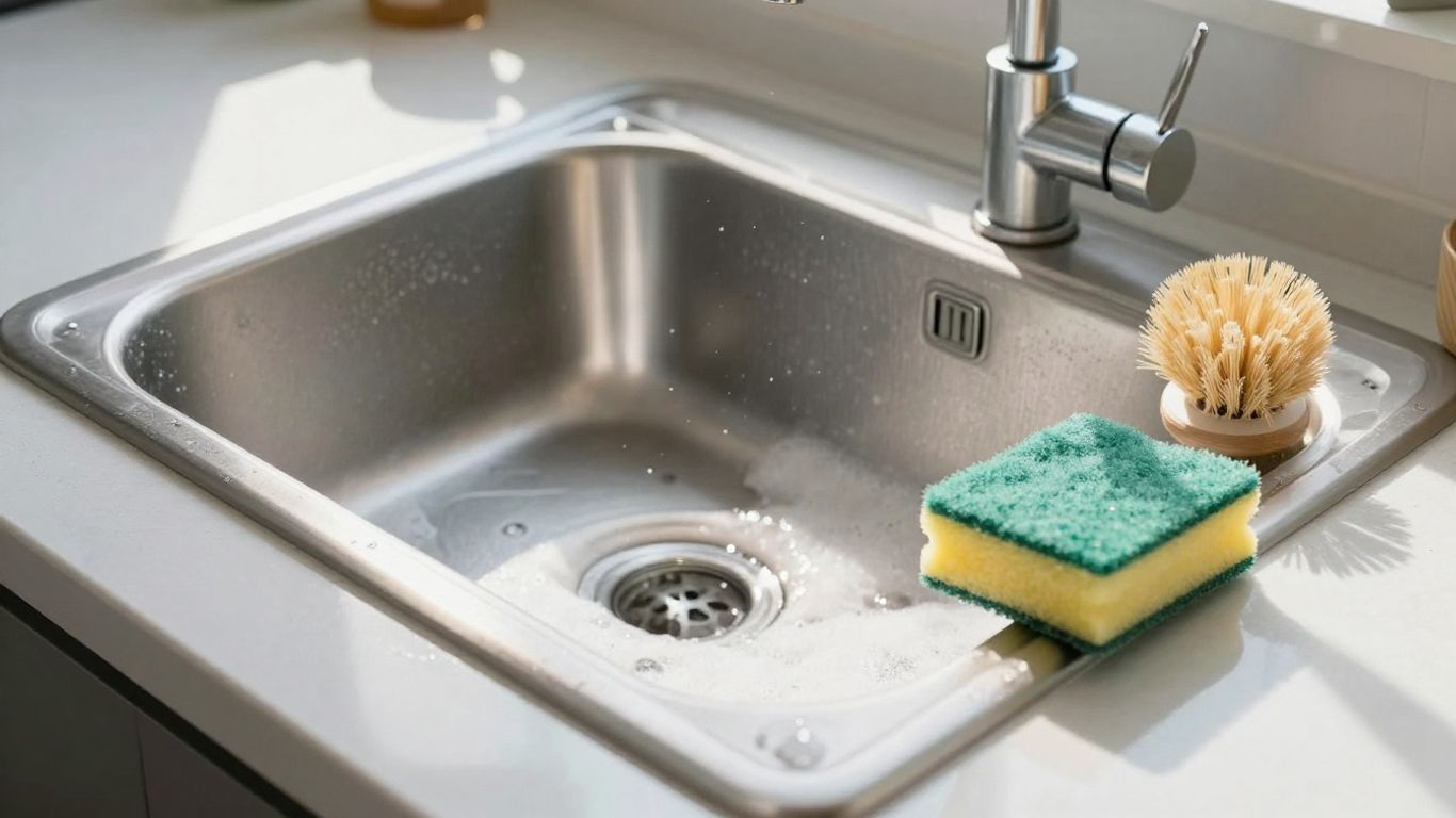 Sparkling clean kitchen sink with sponge and dish brush.