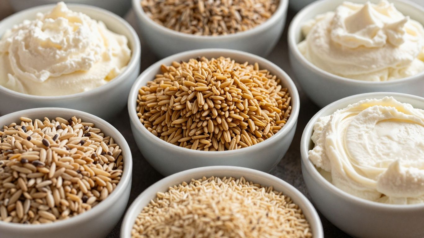 Cooked grains with varying textures and water ratios.