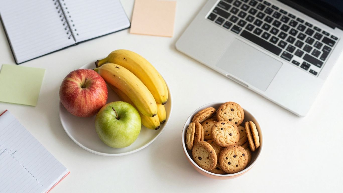 Healthy snacks and treats on a desk during exam week.