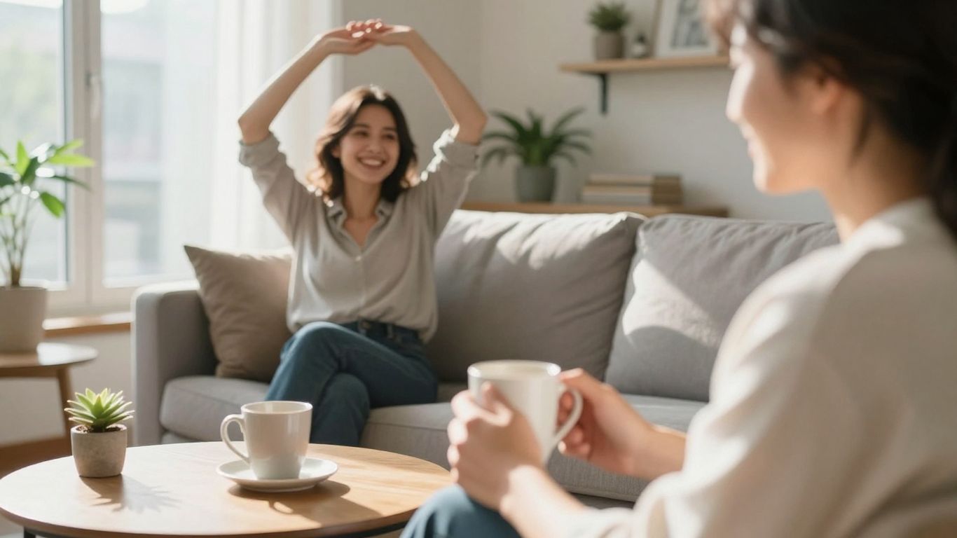 Person stretching and relaxing during a midday break.