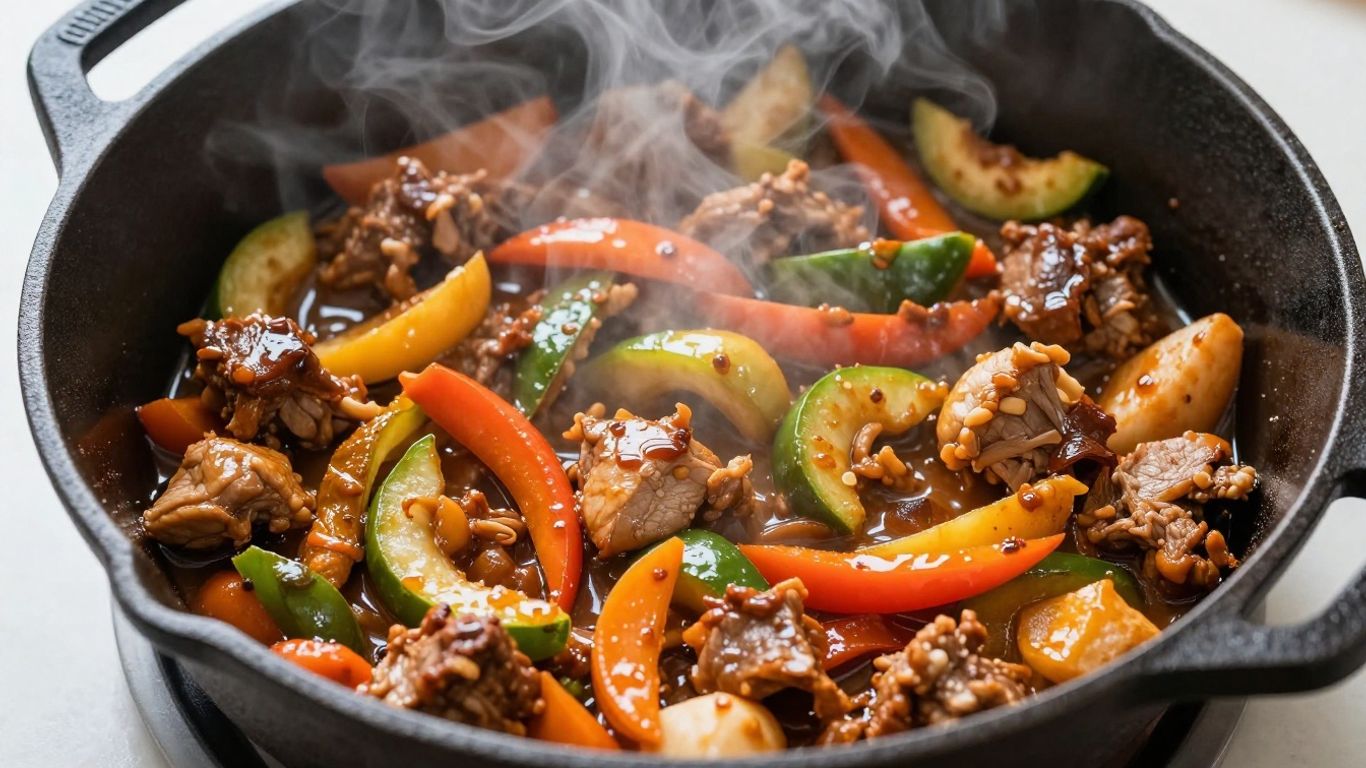 Skillet dinner with colorful ingredients and rising steam.