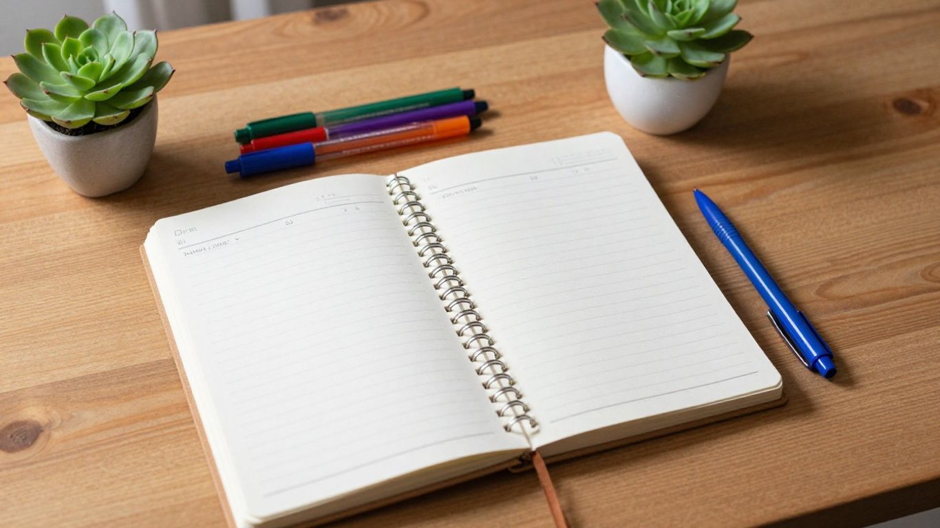 Health planner setup with pens and a succulent.
