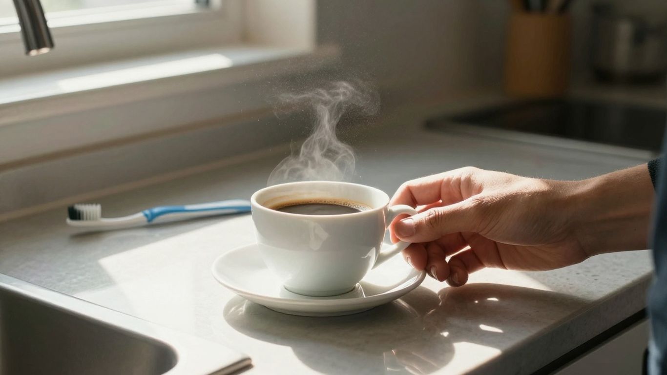 Hand reaching for coffee cup next to toothbrush.