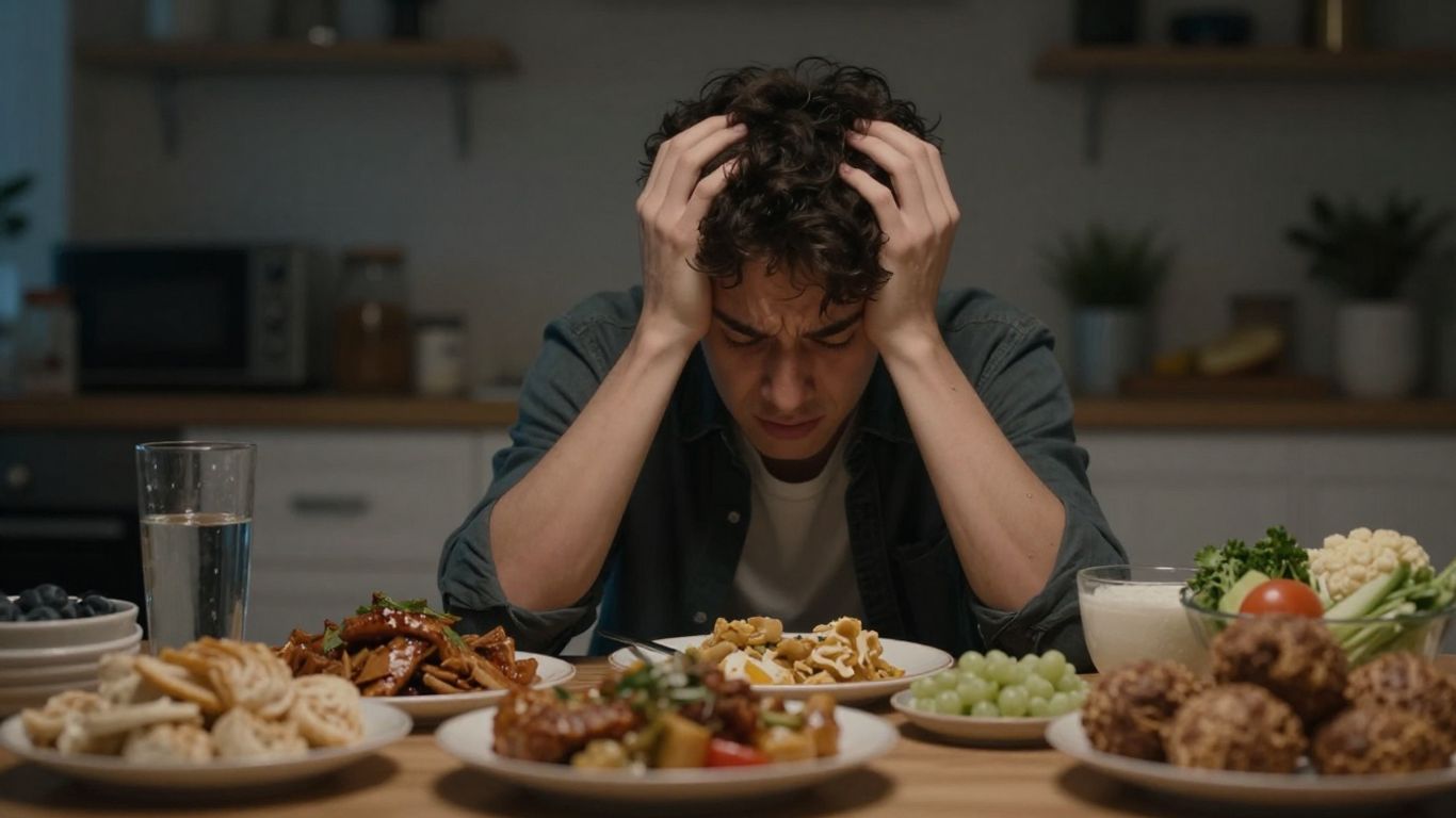Person overwhelmed by food choices at night.