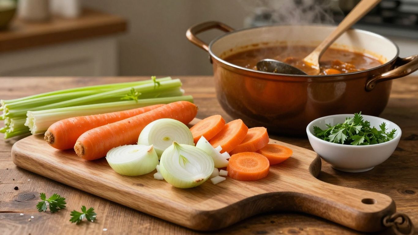 Ingredients and a pot of stew on a wooden cutting board.