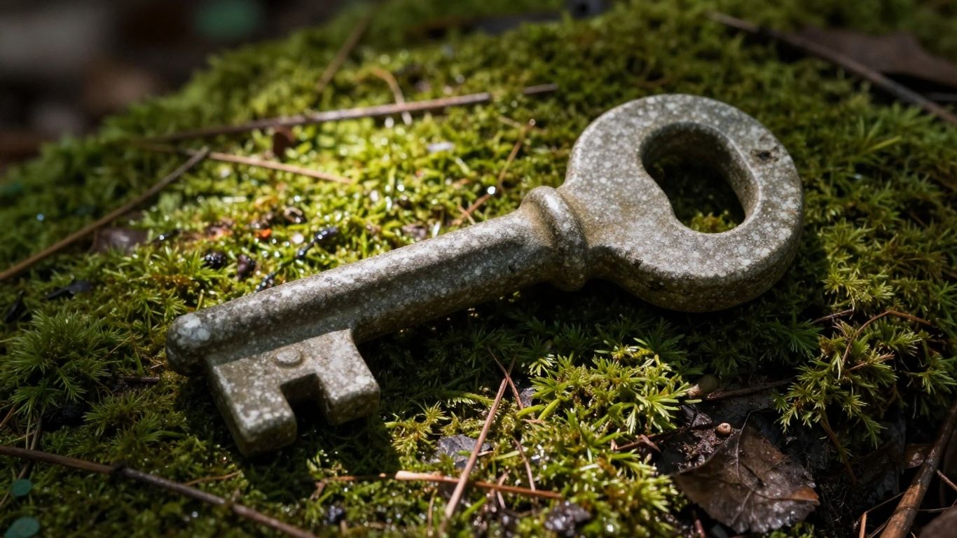 A single, large stone key on a mossy forest floor.